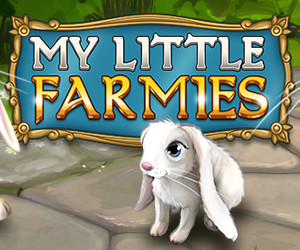 My little Farmies Teaser Bild Das My little Farmies Logo ist zentral in der Grafik. Darunter ist ein niedlicher weißer Schlappohr Hase